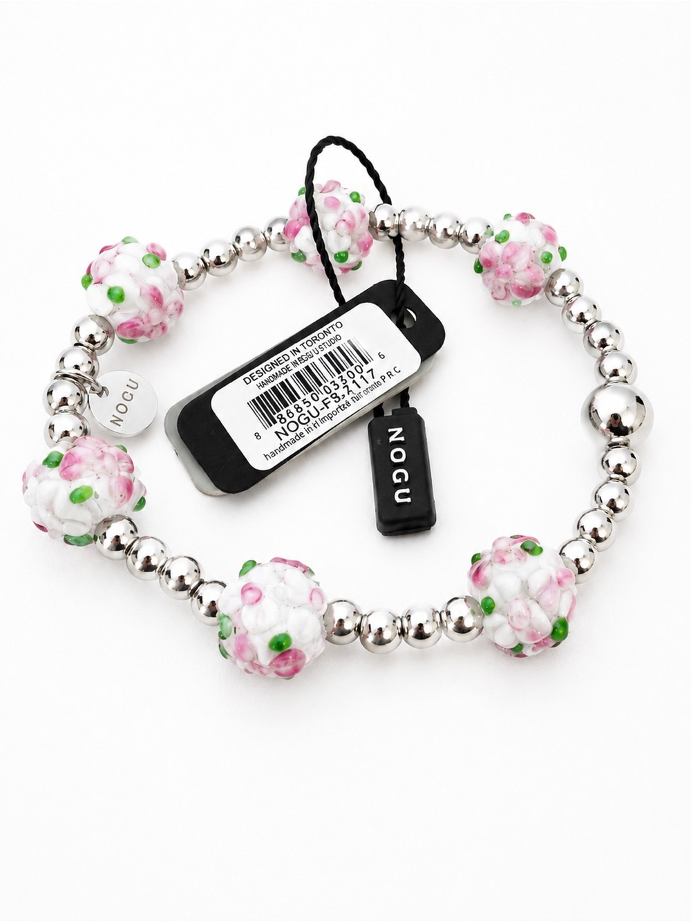 NOCU Pink & White Floral Beaded Stretch Bracelet